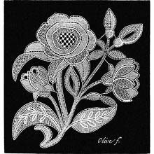 Lace design showing camellia flowers, leaves, and buds