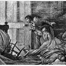 A man moves toward the door of a bedroom as a woman tries to cling to him