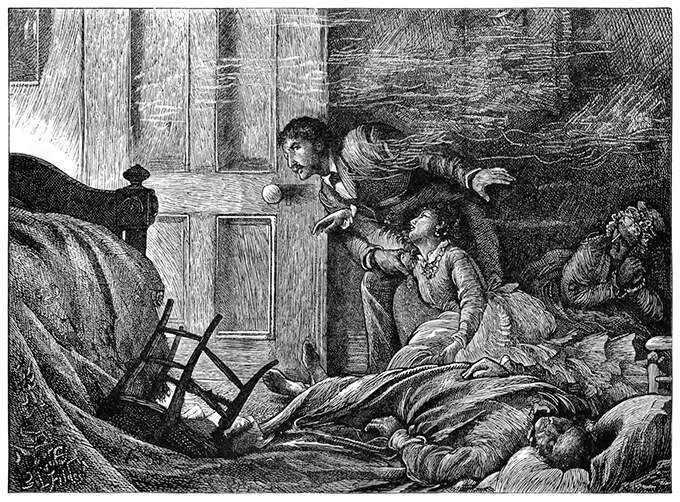 A man moves toward the door of a bedroom as a woman tries to cling to him