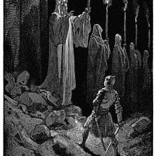 A man knight stands facing a towering and spectral figure holding a candle
