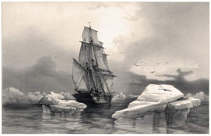 Exploration corvette La Recherche sailing amid icebergs near Bear Island
