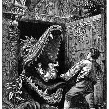 A man stands in front of a door blocked by the threatening mouth of a dragon