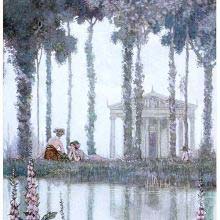 A couple is engaged in idle talk on a riverbank with a temple in the background