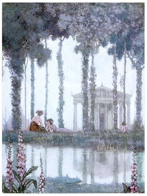 A couple is engaged in idle talk on a riverbank with a temple in the background