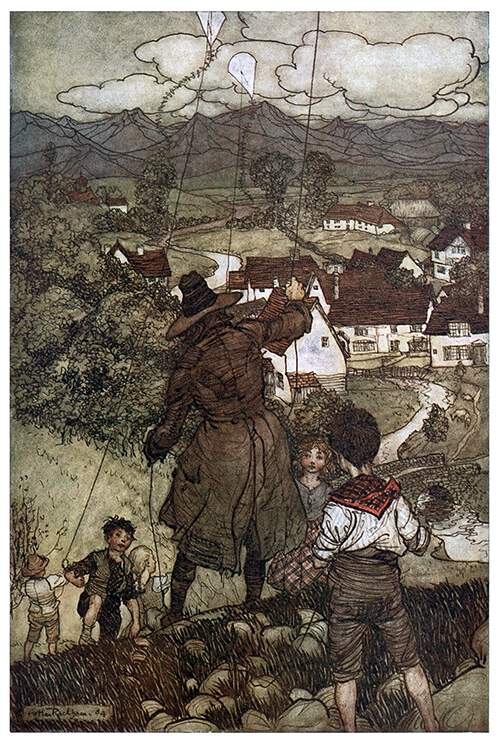 A man on a hill is seen from behind flying a kite with children