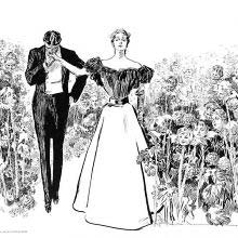 A man kisses a woman's hand in a garden where the flowers are human faces