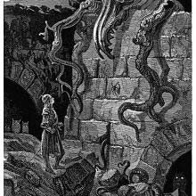 A knight standsat the foot of a wall over which a monster is poking its head
