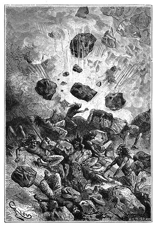 Large rocks fly into the air, crushing a group of natives as they come down