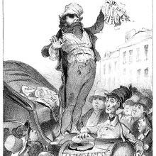 A peddler stands at the rear of a carriage and sells stocks to the crowd