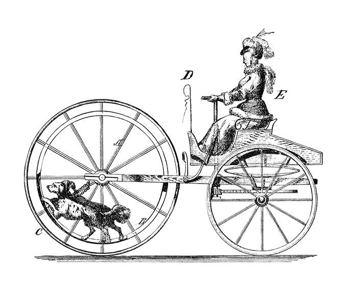 Diagram of a dog-powered vehicle driven by a woman
