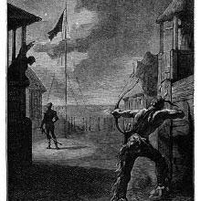 At night, a native American aims his bow at a US soldier standing by a flagpole