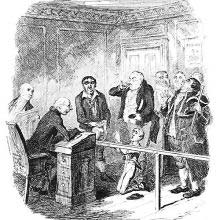 A boy kneels and begs a magistrate behind a desk surrounded by three men