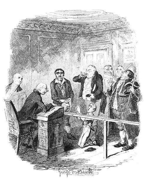 A boy kneels and begs a magistrate behind a desk surrounded by three men
