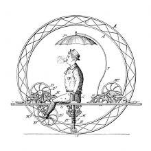 A man operates a one-wheel vehicle sitting inside the large wheel