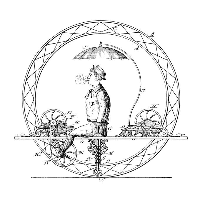 A man operates a one-wheel vehicle sitting inside the large wheel