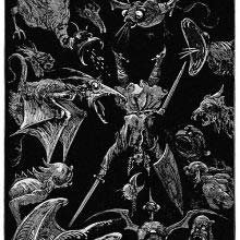 A knight carrying a sword and a shield is falling upside down in a black void