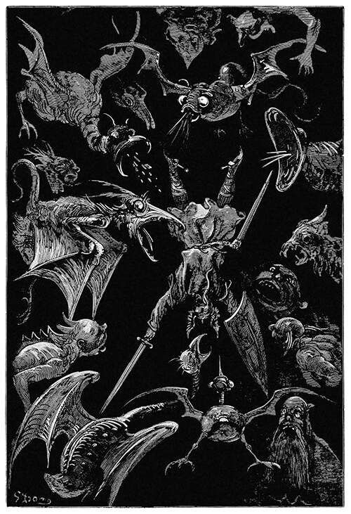 A knight carrying a sword and a shield is falling upside down in a black void