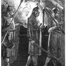 Soldiers carrying weapons and torches walk solemnly past a glaring shrine