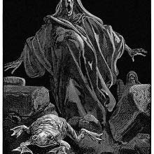 A figure symbolizing timidity gapes in surprise as a large toad jumps forward