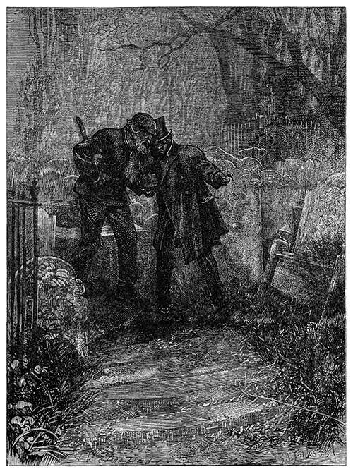 Two men stand whispering to each other in a graveyard