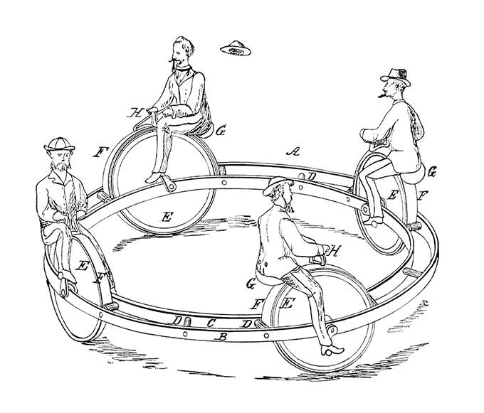 Device designed for the amusement of children made of four velocipedes connected to a ring