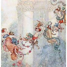 The Fairy Queen flies holding a child as other fairies toy with flower garlands