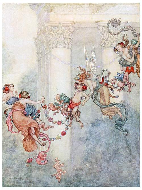 The Fairy Queen flies holding a child as other fairies toy with flower garlands