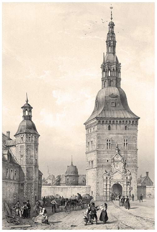 View of the gate-tower at Frederiksborg Castle with villagers in the foreground