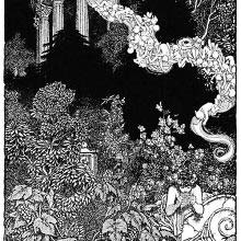 A youth plays the panpipes in a lush garden as flying creatures move toward him