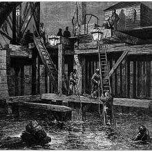 View of a pier of the old Westminster Bridge after the stonework was removed
