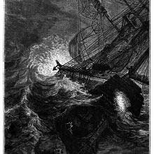 A ship is listingon the sea, the inside of the hold made visible by the artist