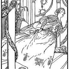 A young woman wearing fine clothes runs from a palace decorated with garlands