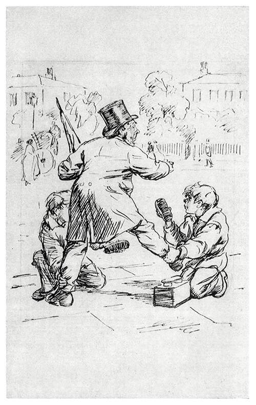 A man having his shoes shined by two boys struggles to keep his balance