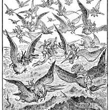 Brownies are riding seabirds flying in a flock over the waves