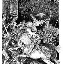 A fray takes place in the streets of city, with one rider brandishing his ax