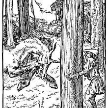 Charging a man hiding behind a tree, a unicorn drives its horn into the wood