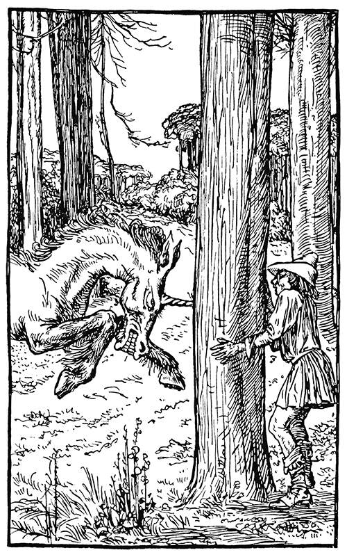 Charging a man hiding behind a tree, a unicorn drives its horn into the wood