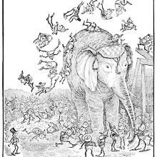 Brownies are entertaining themselves jumping over an elephant's back