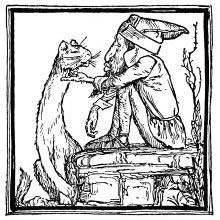 A gnome is sitting on a flat stone and scratches a cat under the chin