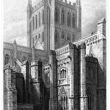 View of the tower and north transept of Hereford Cathedral