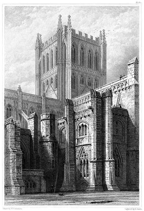 View of the tower and north transept of Hereford Cathedral