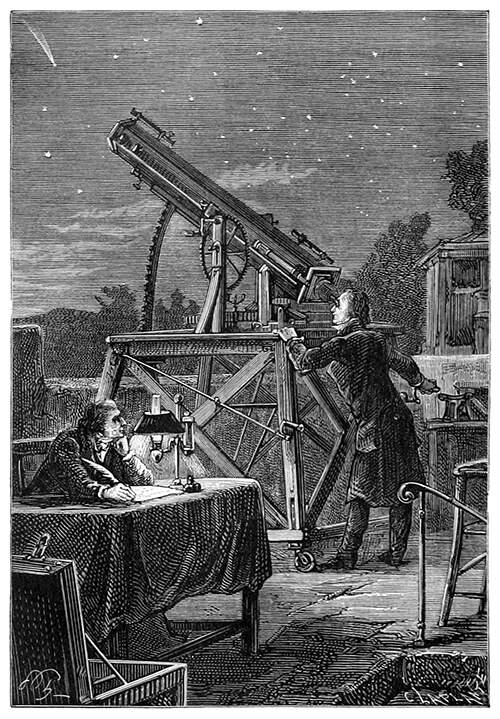 A man standing on a terrace is looking at the sky through a telescope