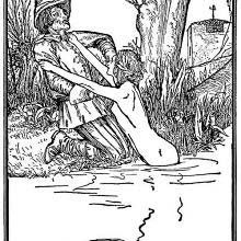A woman bathing in a pond tries to pull a man kneeling on the bank into the water