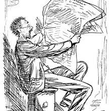 Self-portrait of Charles Keene reading some horrifying news in the paper