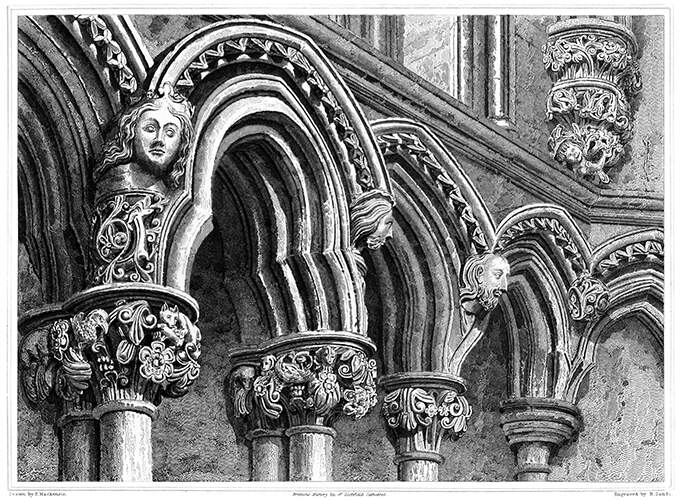 Arches at the chapter house of Lichfield Cathedral showing ornate capitals