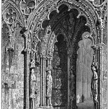 Western doorway of Lichfield Cathedral decorated with foliage and figures