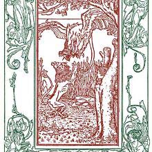 A girl hides behind a tree as a lion fights a flying dragon