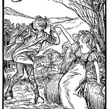 A woman sitting on a large log commands the wind to blow away a man's hat