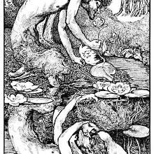 A faun looks at his reflection in the water, which shows him kissing a woman