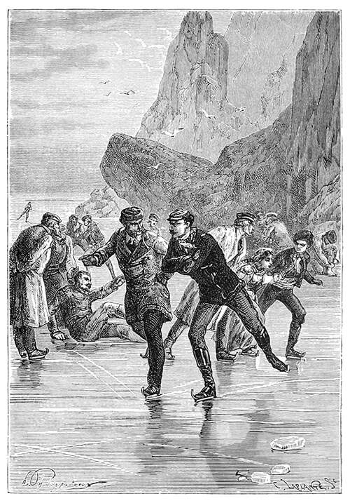A group of people is ice-skating in a rocky landscape